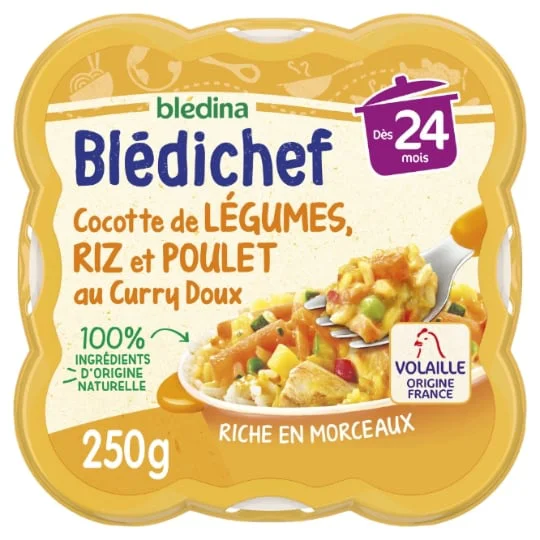 Plat bébé dès 24 mois cocotte de légumes riz et poulet au curry doux