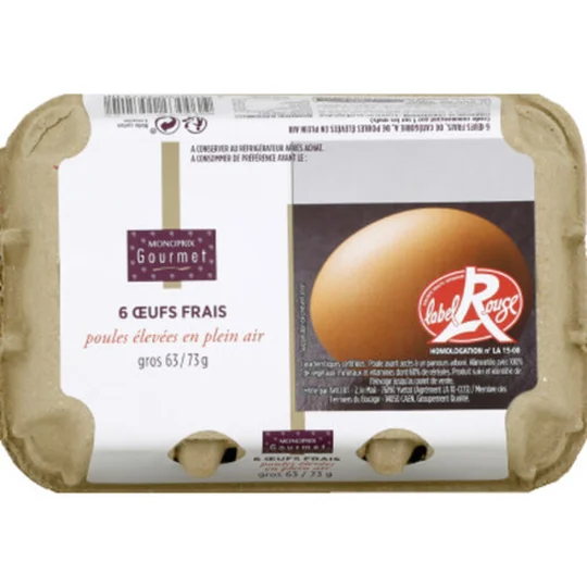 Oeufs frais de poules élevées en plein air, gros, Label Rouge