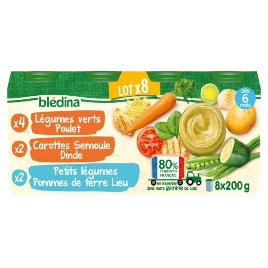 Petit pot bébé dès 6 mois légumes verts poulet, carottes semoule dinde et légumes pommes de terre lieu