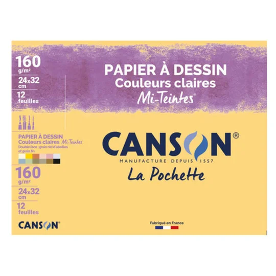 Papier à dessin couleur mi-teintes pastels, 24x32cm, 12 feuilles, 160gr/m²