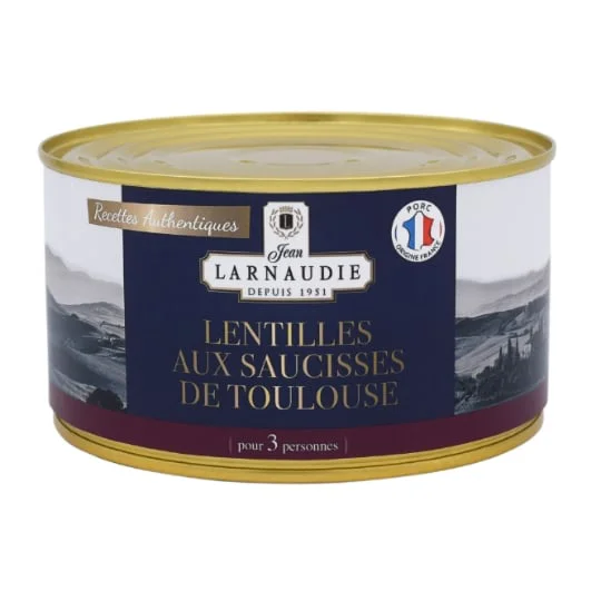 Plat cuisiné lentilles aux saucisses de Toulouse