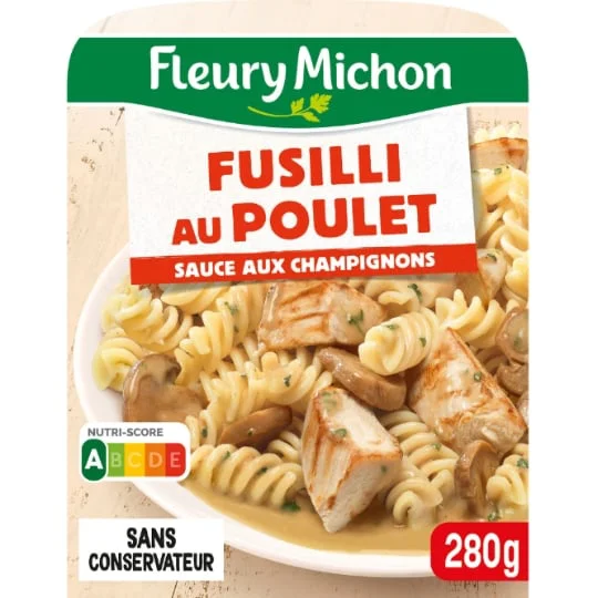 Plat cuisiné fusilli poulet, sauce champignon