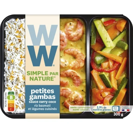 Plat cuisiné petites gambas sauce curry coco riz basmati et légumes
