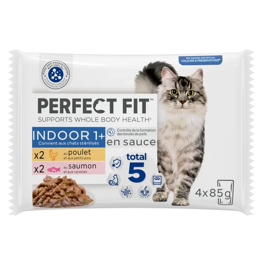 Pâtée en sauce poulet saumon pour chats stérilisés Indoor 1+
