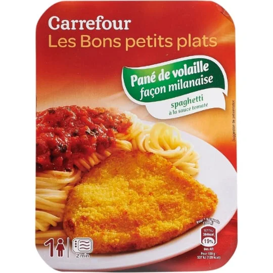 Plat cuisiné pané de volaille milanaise spaghetti