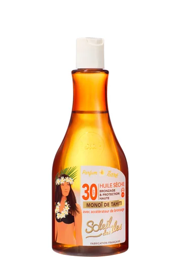 Huile sèche bronzage et protection haute parfum des îles SPF30