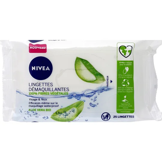 Lingettes démaquillante visage & yeux peaux normales aloé vera 100% fibres végétales