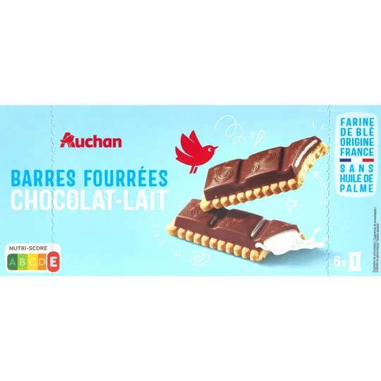 Barres fourrées biscuits au chocolat et lait sans huile de palme sachets individuels