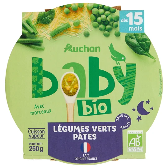 Assiette de légumes verts et pâtes dès 15 mois
