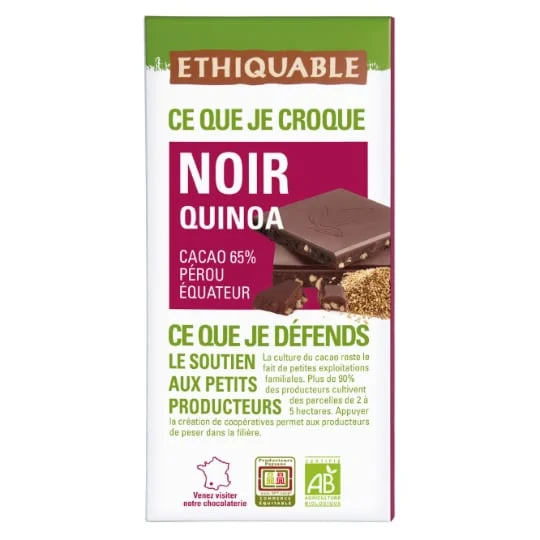 Chocolat noir quinoa Pérou Equateur Bio