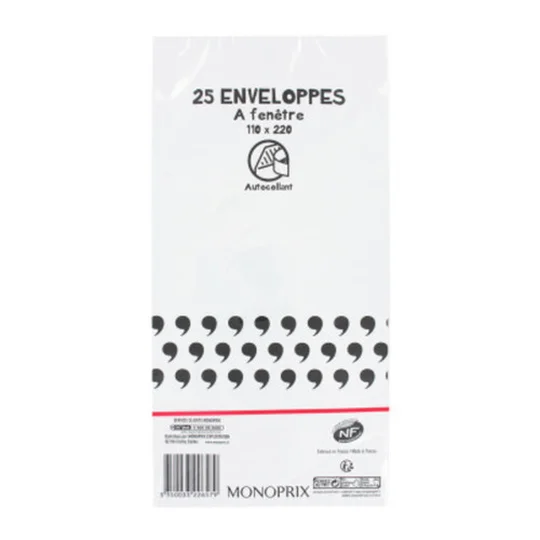 25 Enveloppes À Fenêtre, 11X22Cm, Bord Autocollant