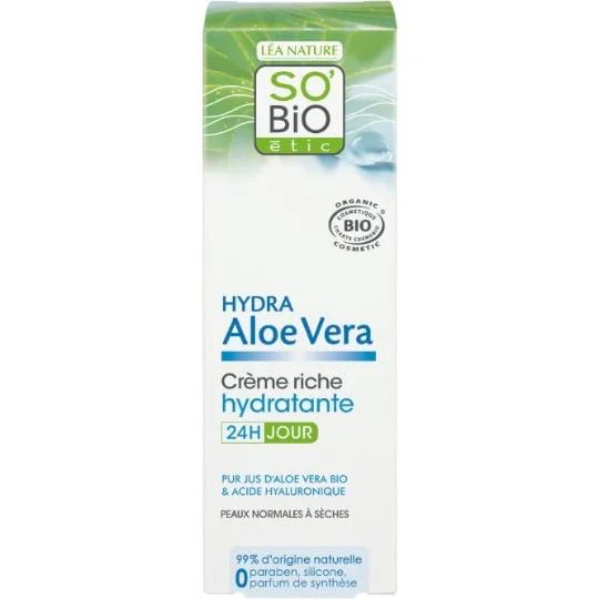Crème Visage Hydratante 24h Crème Riche à l'Aloe Vera Bio