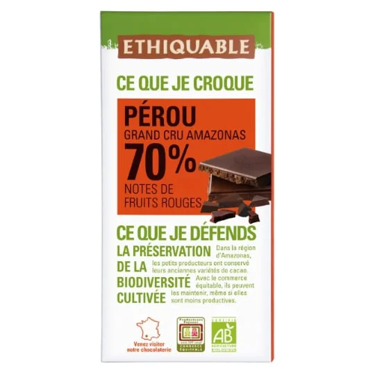 Chocolat noir 70% cacao notes fruits rouges Pérou Bio