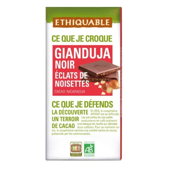 Chocolat noir gianduja éclats noisettes Nicaragua Bio