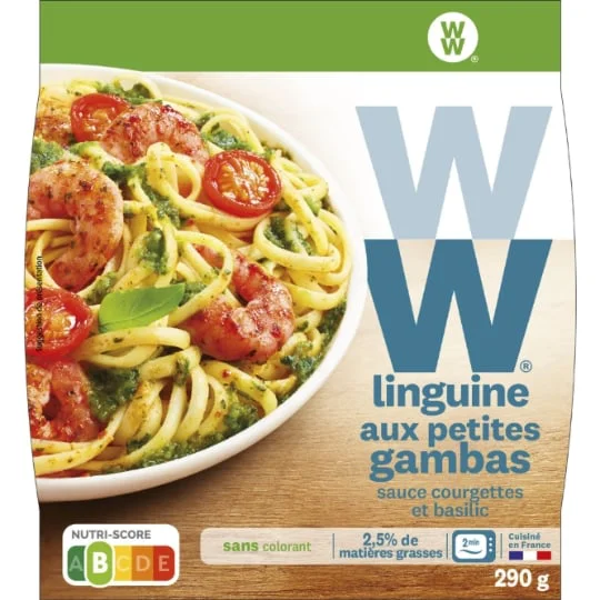Plat cuisiné Linguine aux petites gambas sauce basilic et courgettes, tomates marinées et riz basmati aux légumes