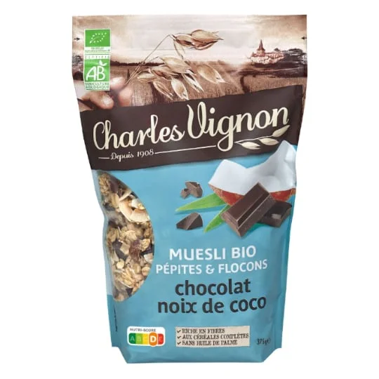 Céréales muesli pépites et flocons chocolat noix de coco Bio