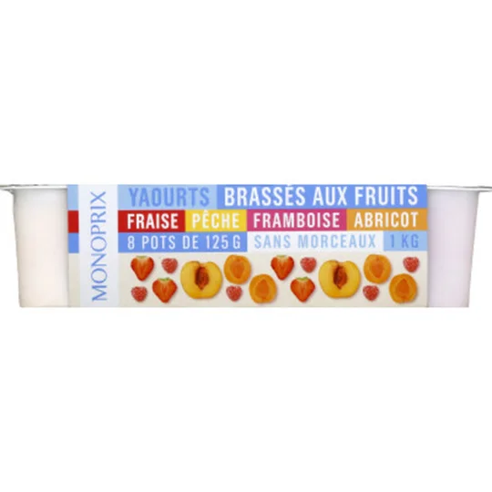 Yaourt sans morceaux brassés aux fruits fraise, framboise ou abricot ou pêche