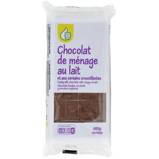 Tablette de chocolat au lait et céréales croustillantes