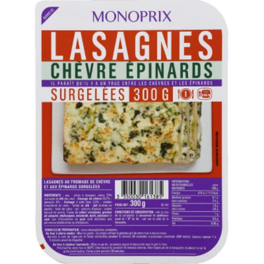 Lasagnes chèvre épinards, surgelées