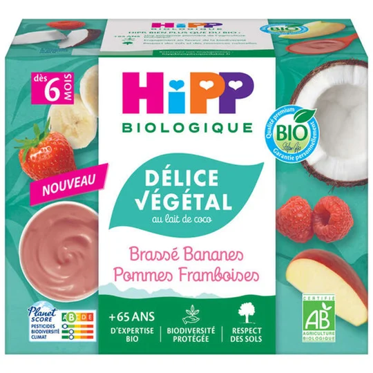 Délice Végétal Brassé Végétal Bananes Pommes Framboises Bio Coupelles Dès 6 Mois