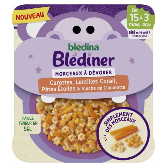 Petit Plat Morceaux à dévorer Carottes, Lentilles Corail, Pâtes Etoiles & touche de ciboulette de 15 mois à 3 ans