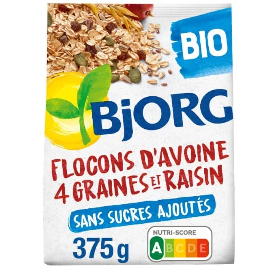 Céréales flocon avoine 4 graines raisins bio sans sucres ajoutés
