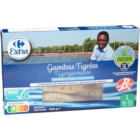 Gambas tigrées entières crues LR 8/12