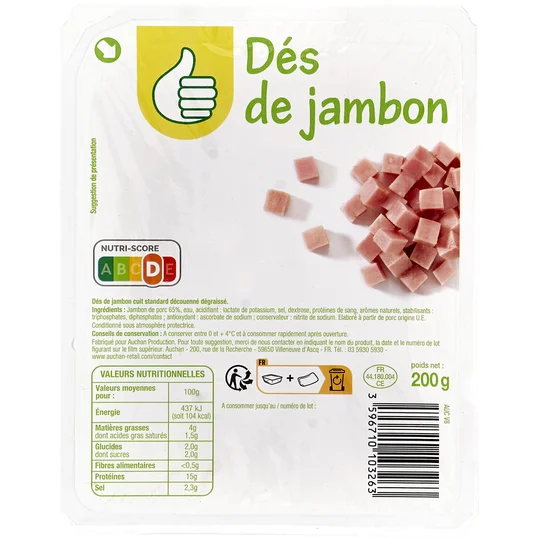 Dès de jambon cuit découennés et dégraissés