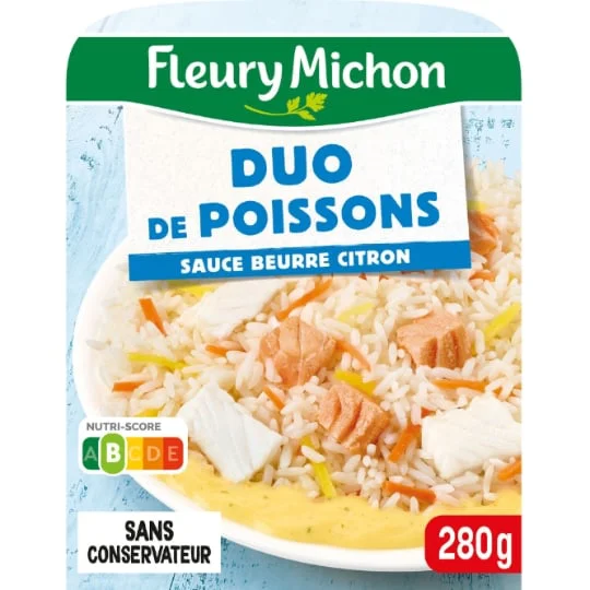 Plat cuisiné duo de poissons riz, sauce citron