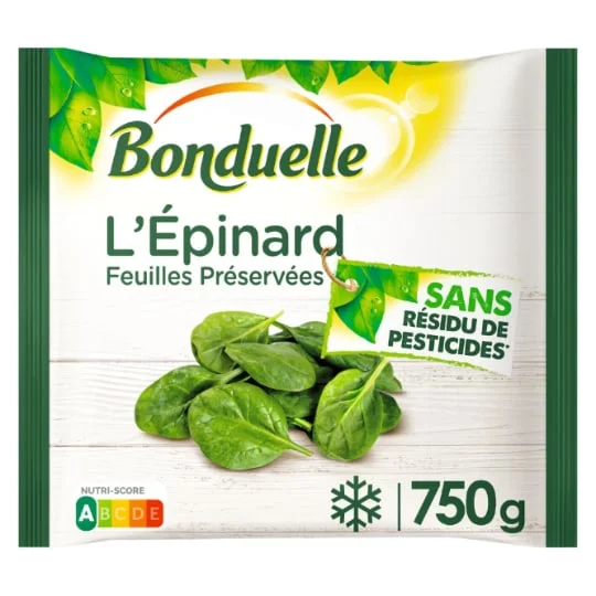 Epinards feuilles préservées sans résidu de pesticides