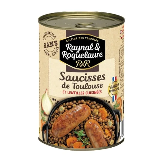 Plat cuisiné saucisses de toulouse aux lentilles