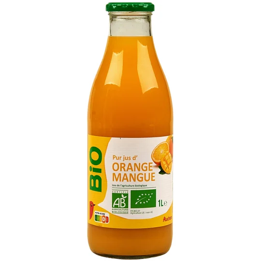 Pur jus d'orange et mangue bouteille verre