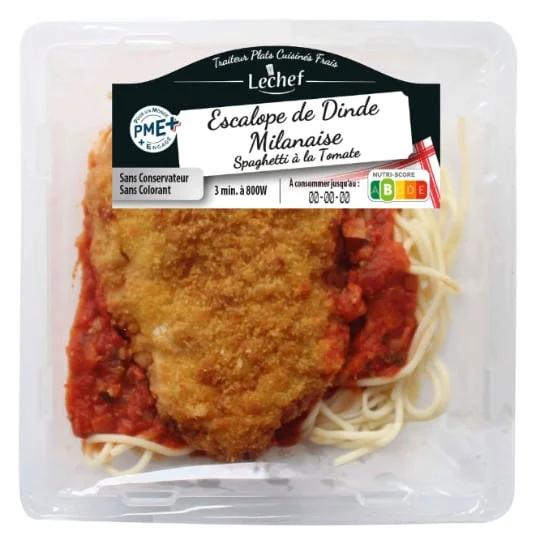 Plat cuisiné escalope Milanaise spaghetti et sauce tomate