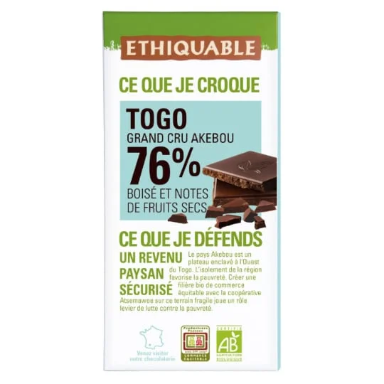 Chocolat noir 76% cacao boisé et notes fruits secs Togo Bio