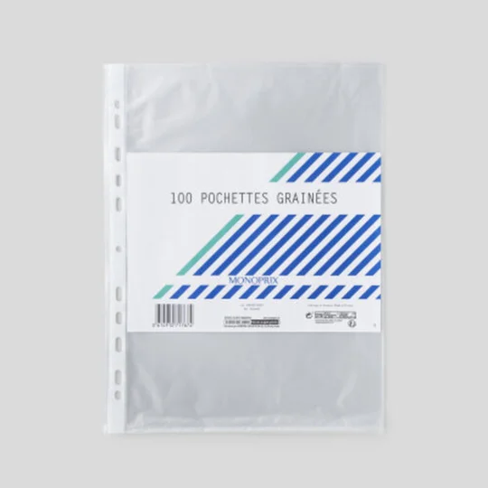 100 pochettes plastiques grainées perforées, A4