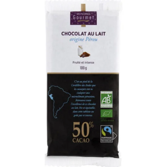 Chocolat Au Lait Origine Pérou, 50% De Cacao Bio