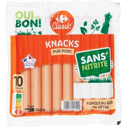 Saucisses knacks pur porc fumées Sans Nitrite