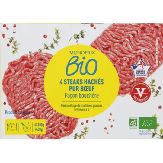 Steaks hachés pur boeuf, façon bouchère, surgelés
