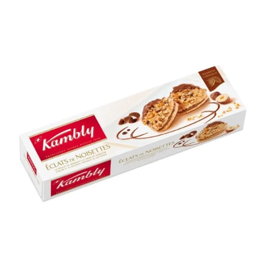 Eclats de noisettes biscuit fin meringué à la crème de noisettes et chocolat au lait Suisse