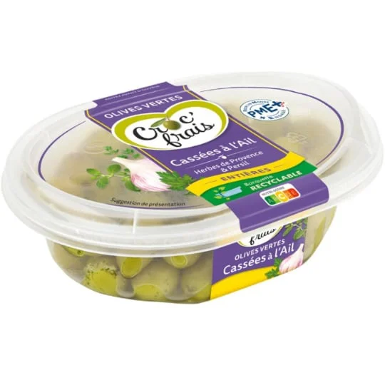 Olives vertes entières cassées à l'ail doux