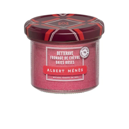 Préparation à base de betterave, fromage de chèvre, baies roses, pour tartiner sur toast