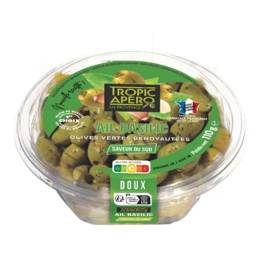 Olives vertes dénoyautées ail basilic
