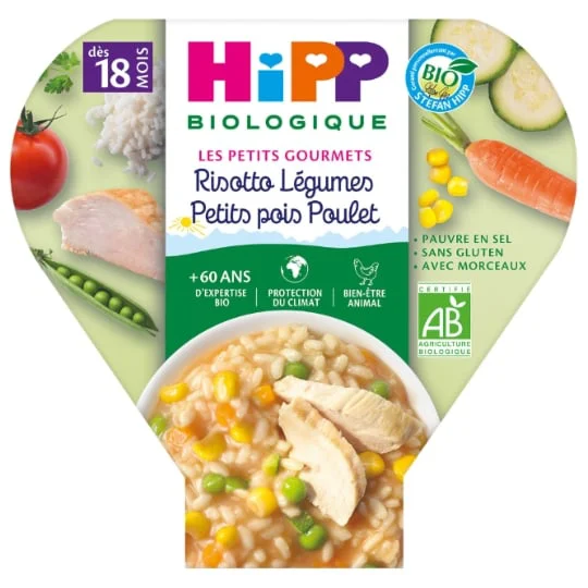 Plat bébé dès 18 mois risotto légumes petits pois poulet Bio