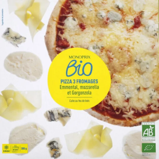 Pizza 3 fromages bio, emmental, mozzarella et gorgonzola, surgelée