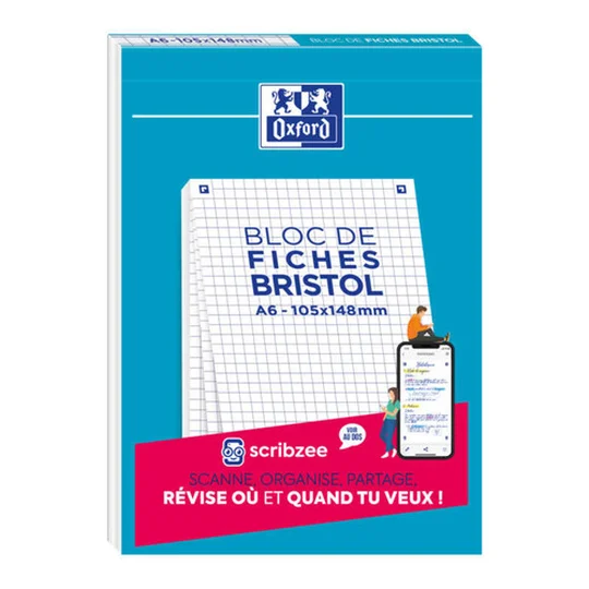 Bloc de Fiches Bristol A6 Non perforées Petits Carreaux 5mm 30 Fiches Collées Blanches