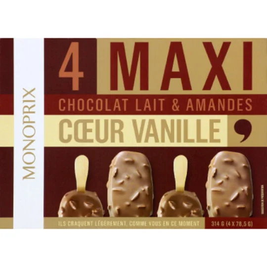 Bâtonnets maxi chocolat au lait & amandes coeur vanille