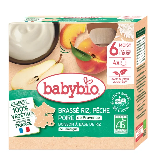 100% végétal Gourde brassé riz pêche et poire bio dès 6 mois