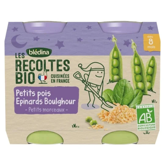 Petit pot bébé soir petits morceaux petits pois épinards boulghour - dès 8 mois