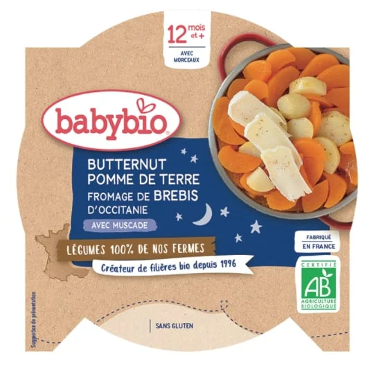 Plat bébé 12 mois et+,butternut, pomme de terre et fromage de brebis d'Occitanie muscade Bio