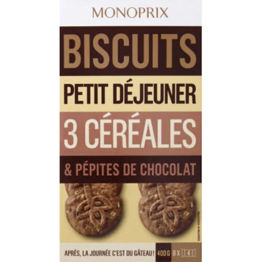 Biscuits petit déjeuner trois céréales & pépites de chocolat